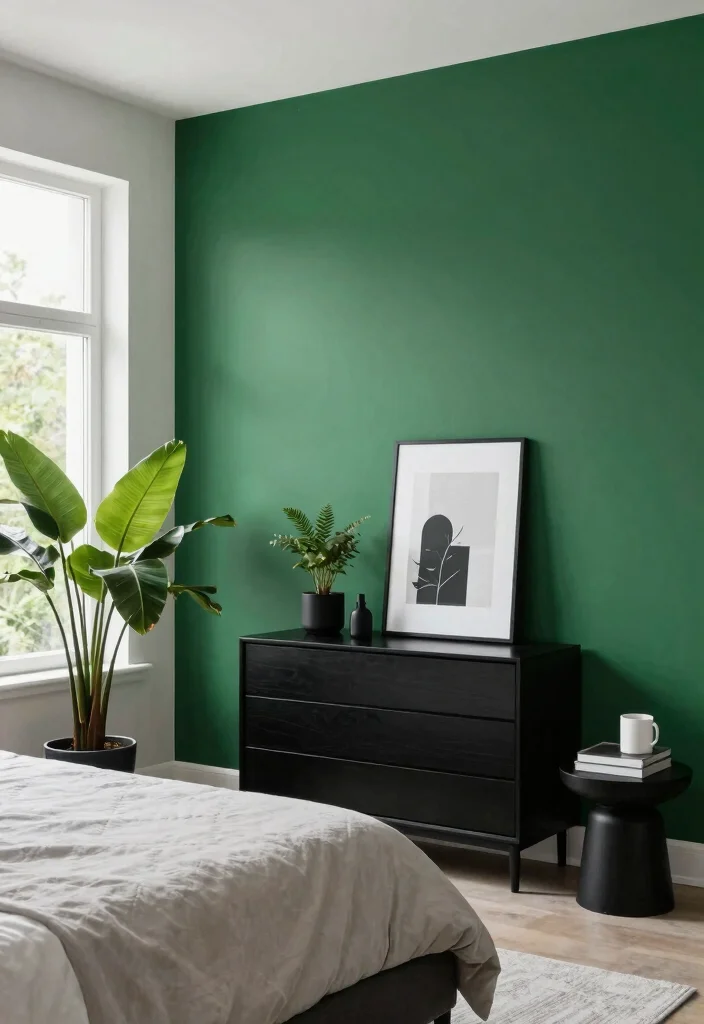 15 Green and Black Bedroom Ideas: Bold Modern Contrast - 1. Lush Green Accent Walls 1