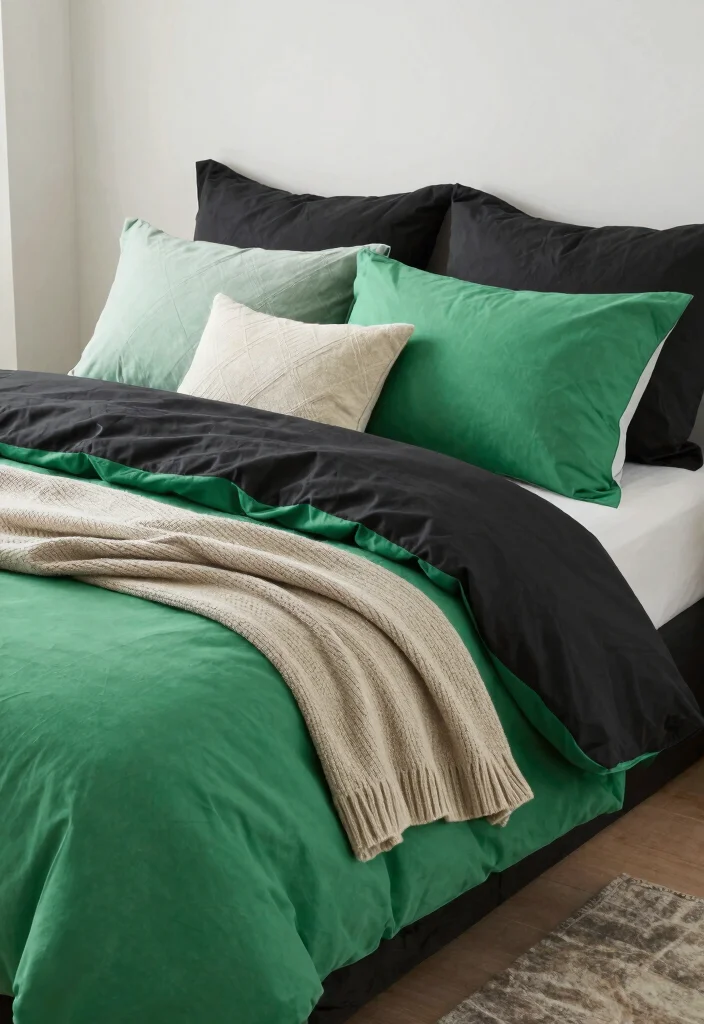 15 Green and Black Bedroom Ideas: Bold Modern Contrast - 10. Green and Black Bedding 1
