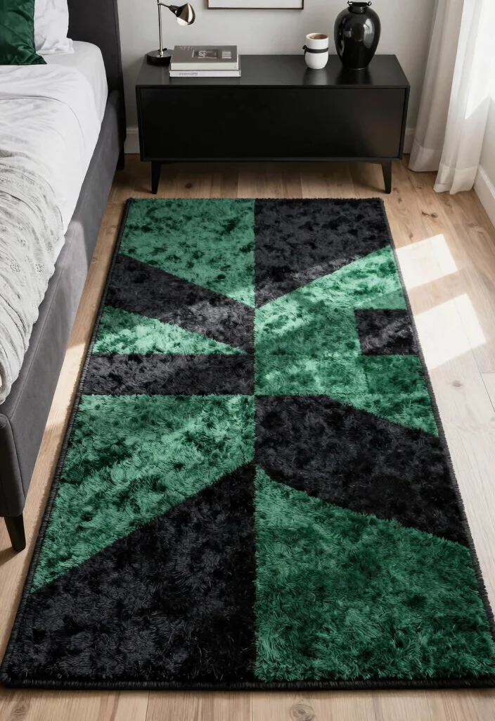 15 Green and Black Bedroom Ideas: Bold Modern Contrast - 12. Black and Green Rugs 1