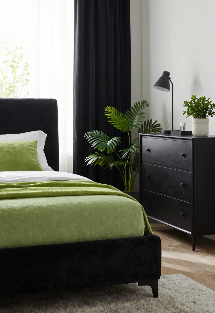 15 Green and Black Bedroom Ideas: Bold Modern Contrast - 2. Bold Black Furniture 1