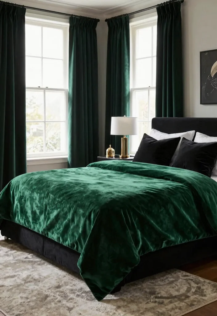 15 Green and Black Bedroom Ideas: Bold Modern Contrast - 4. Luxurious Velvet Accents 1