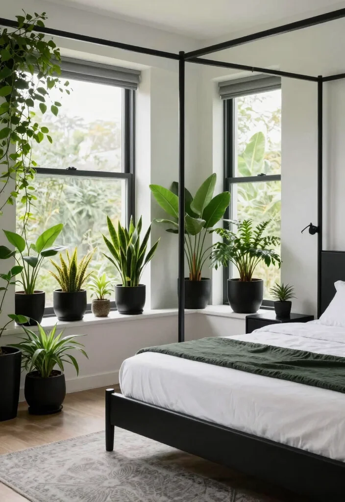 15 Green and Black Bedroom Ideas: Bold Modern Contrast - 9. Green Plants as Decor 1