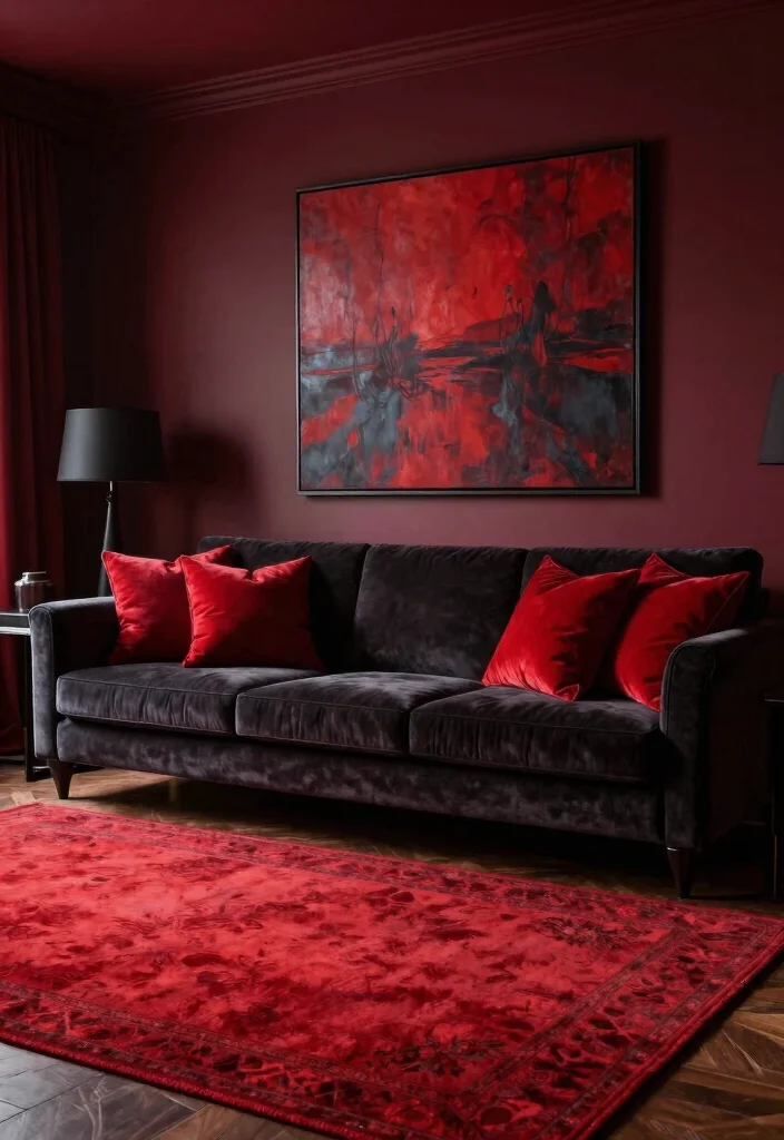 15 Horror Living Room Ideas: Dark Creepy Aesthetic - 10. Blood-Red Accents 1