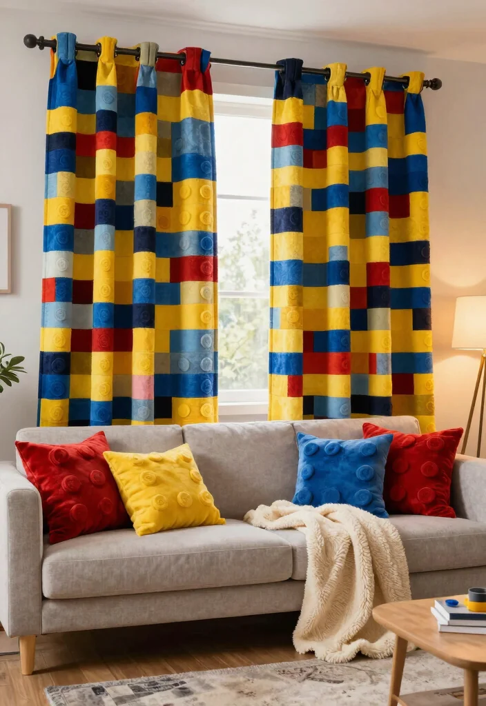 15 Lego Living Room Ideas for Playful Creative Decor - 13. Lego-Inspired Textiles 1