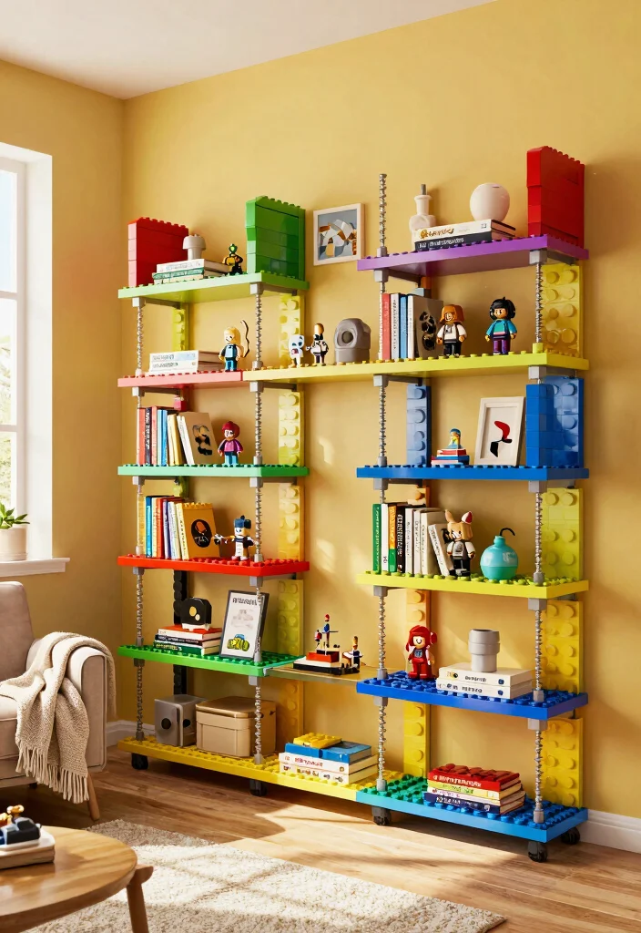 15 Lego Living Room Ideas for Playful Creative Decor - 3. Lego-Inspired Shelving 1