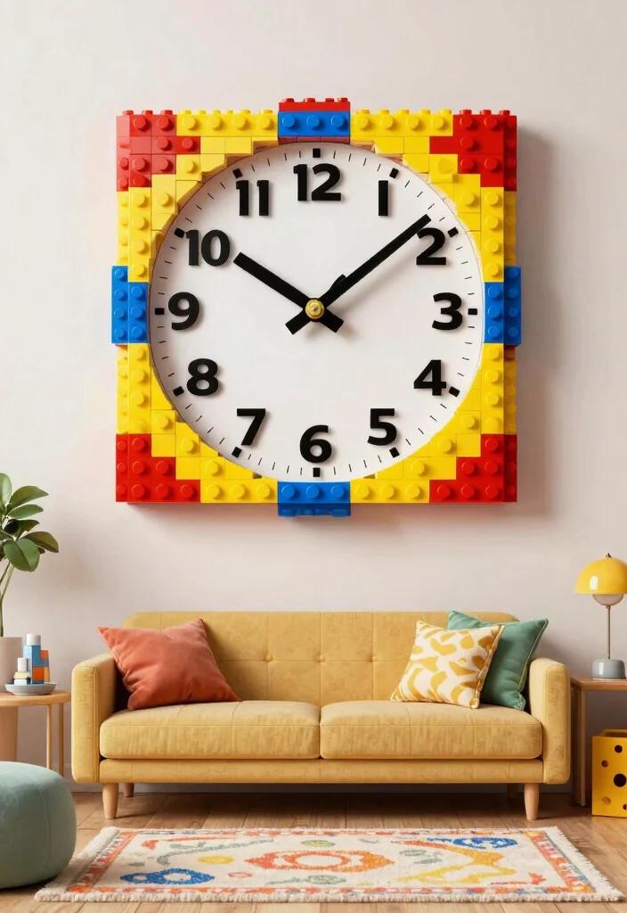 15 Lego Living Room Ideas for Playful Creative Decor - 8. Lego-Themed Wall Clock 1