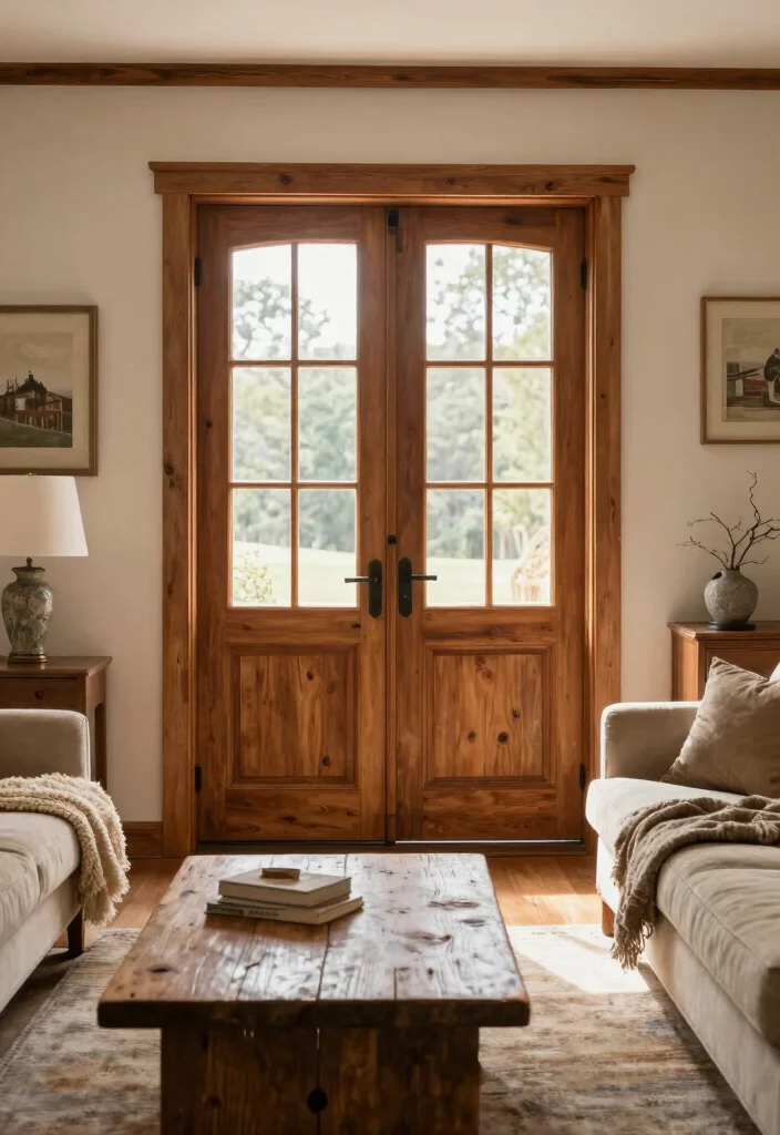 15 Living Room Double Doors Ideas for Elegant Flow Design - 12. Natural Wood Double Doors 1