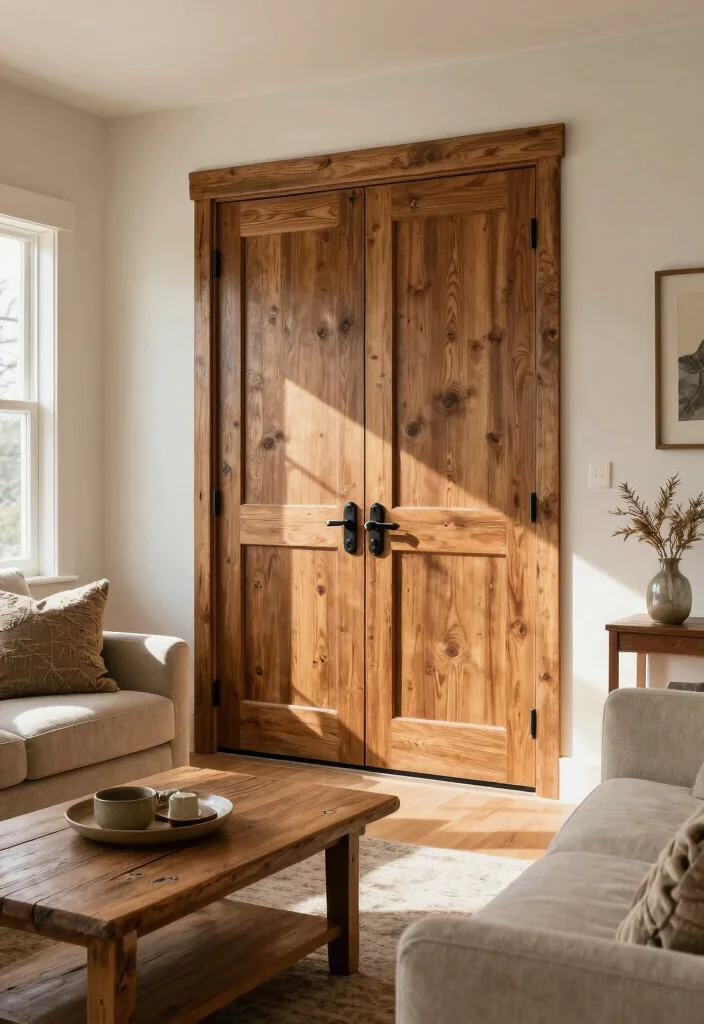 15 Living Room Double Doors Ideas for Elegant Flow Design - 5. Rustic Shaker Style Doors 1