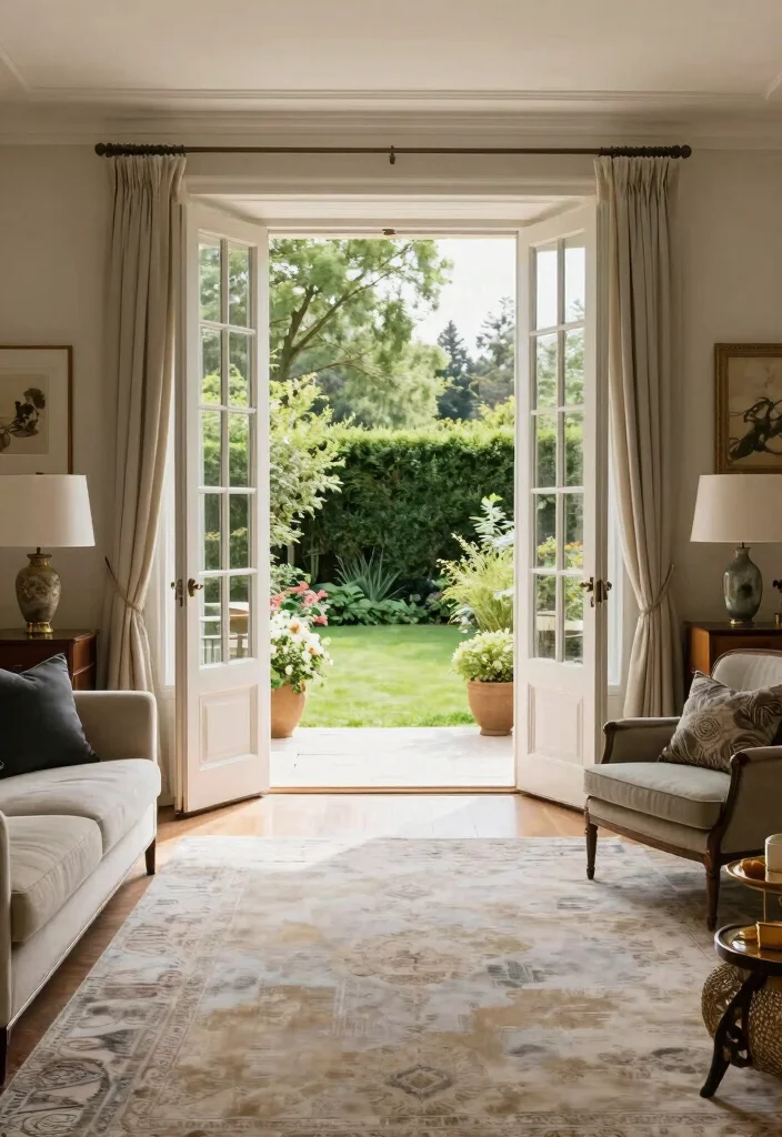 15 Living Room Double Doors Ideas for Elegant Flow Design - 9. French Doors with Side Windows 1