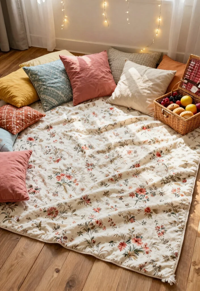 15 Living Room Picnic Ideas for Cozy Floor Seating Vibes - 1. Vintage Floral Blanket Spread 1
