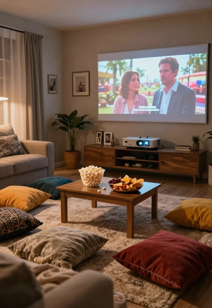 15 Living Room Picnic Ideas for Cozy Floor Seating Vibes - 7. Movie Marathon Setup 1