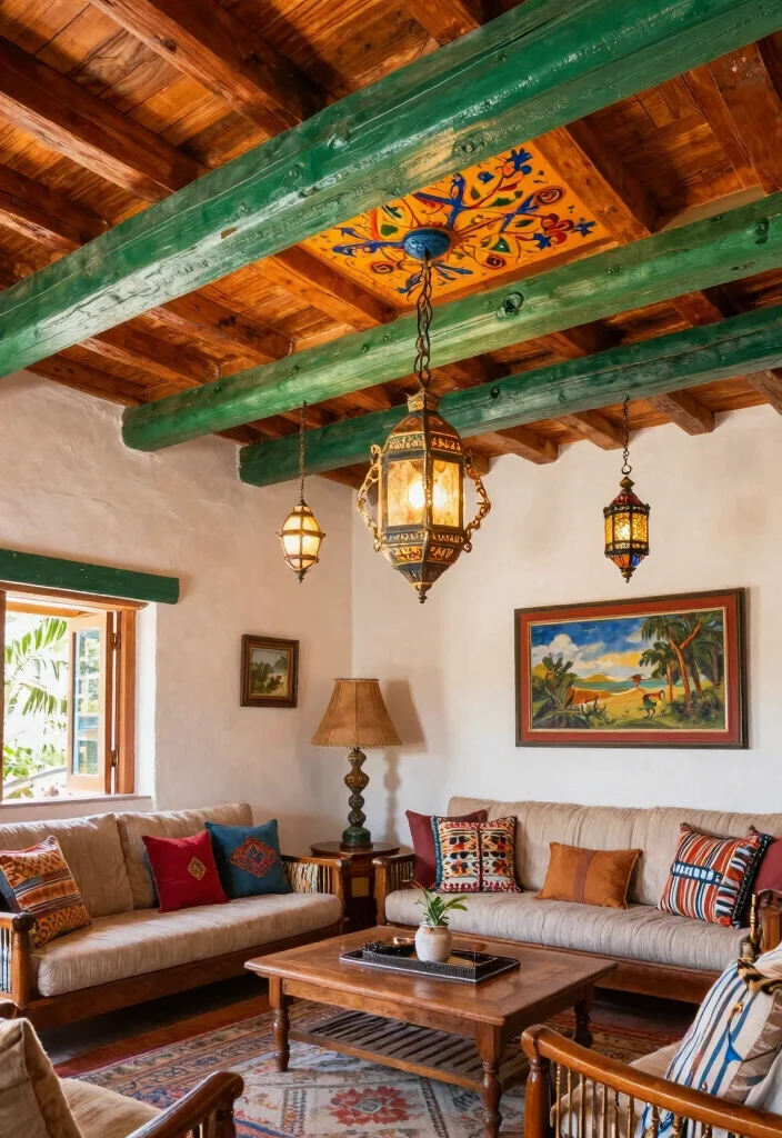 15 Mexican Living Room Ideas: Embracing Colorful Cultural Style - 11. Unique Ceiling Treatments 1