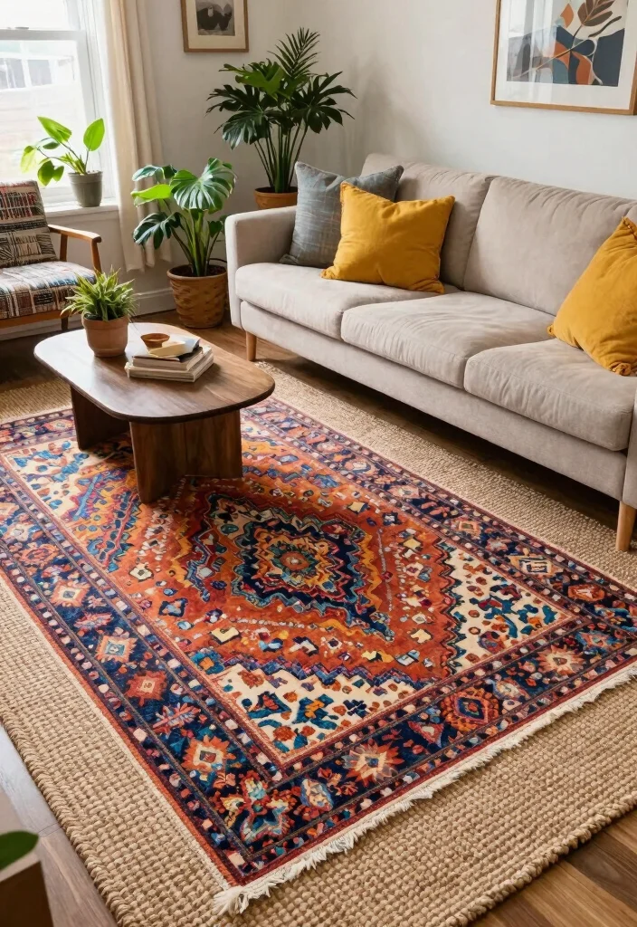 15 Pop Living Room Ideas: Bold, Colorful, Fun - 12. Layering Rugs 1