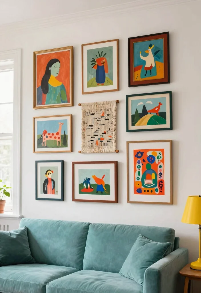 15 Pop Living Room Ideas: Bold, Colorful, Fun - 2. Whimsical Wall Art 1