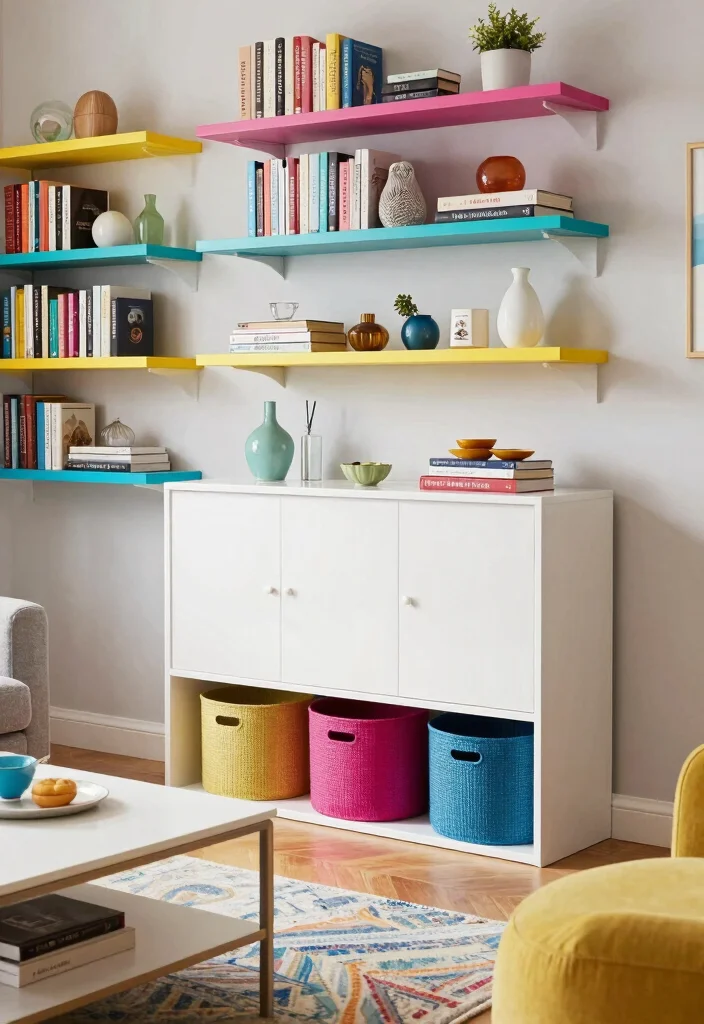 15 Pop Living Room Ideas: Bold, Colorful, Fun - 8. Fun and Functional Storage 1