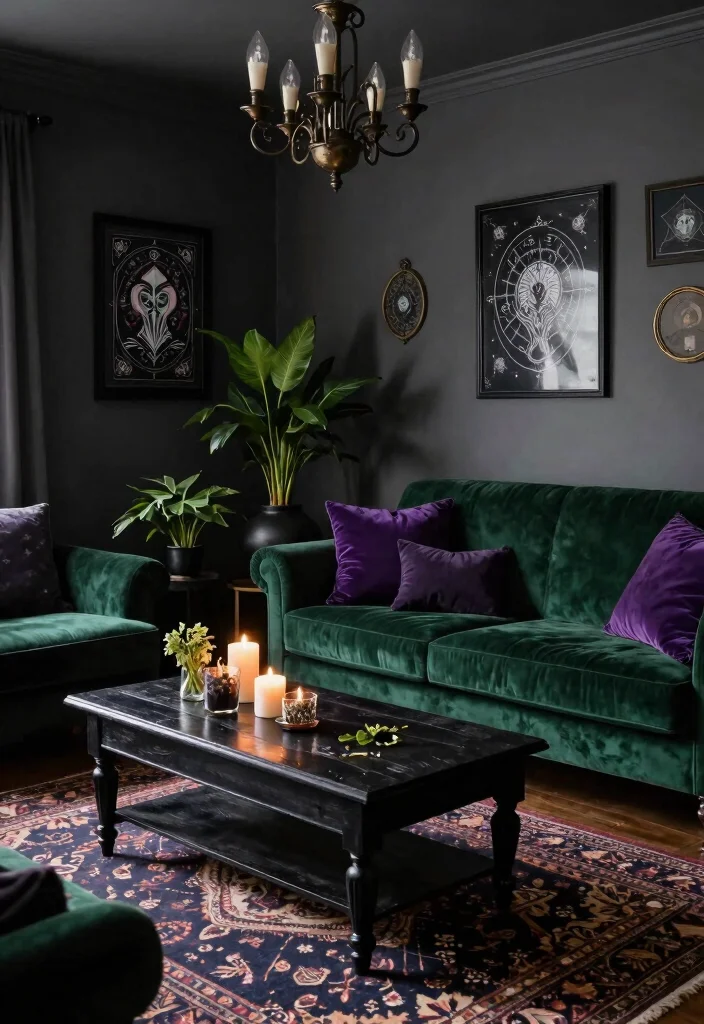 15 Witchy Living Room Ideas for a Dark Mystical Aesthetic - 1. Enchanted Dark Tones 1