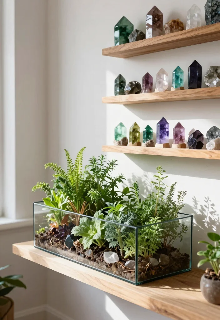 15 Witchy Living Room Ideas for a Dark Mystical Aesthetic - 9. Herb and Crystal Display 1