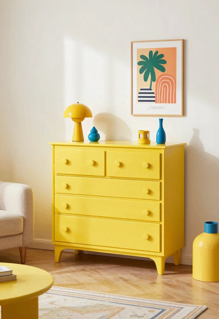 16 Dresser Living Room Ideas: Unexpected Storage Style - 10. Colorful Dresser for a Fun Element 1