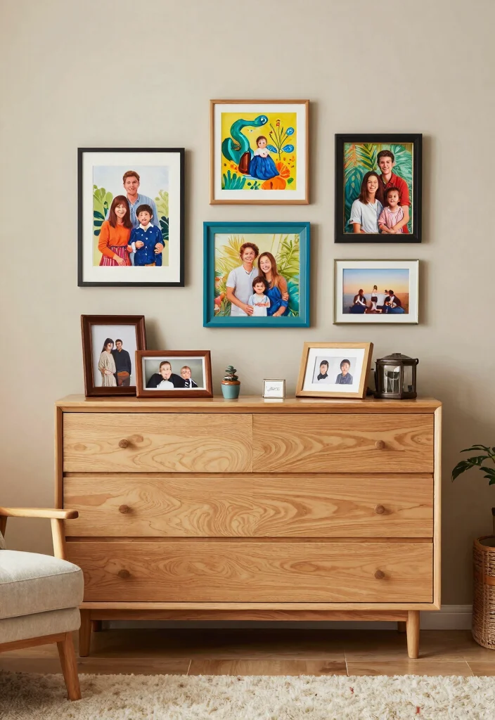 16 Dresser Living Room Ideas: Unexpected Storage Style - 11. Dresser Styled with Art and Photos 1