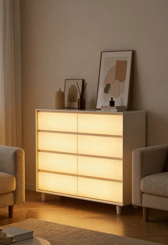 16 Dresser Living Room Ideas: Unexpected Storage Style - 12. Dresser with Built-in Lighting 1