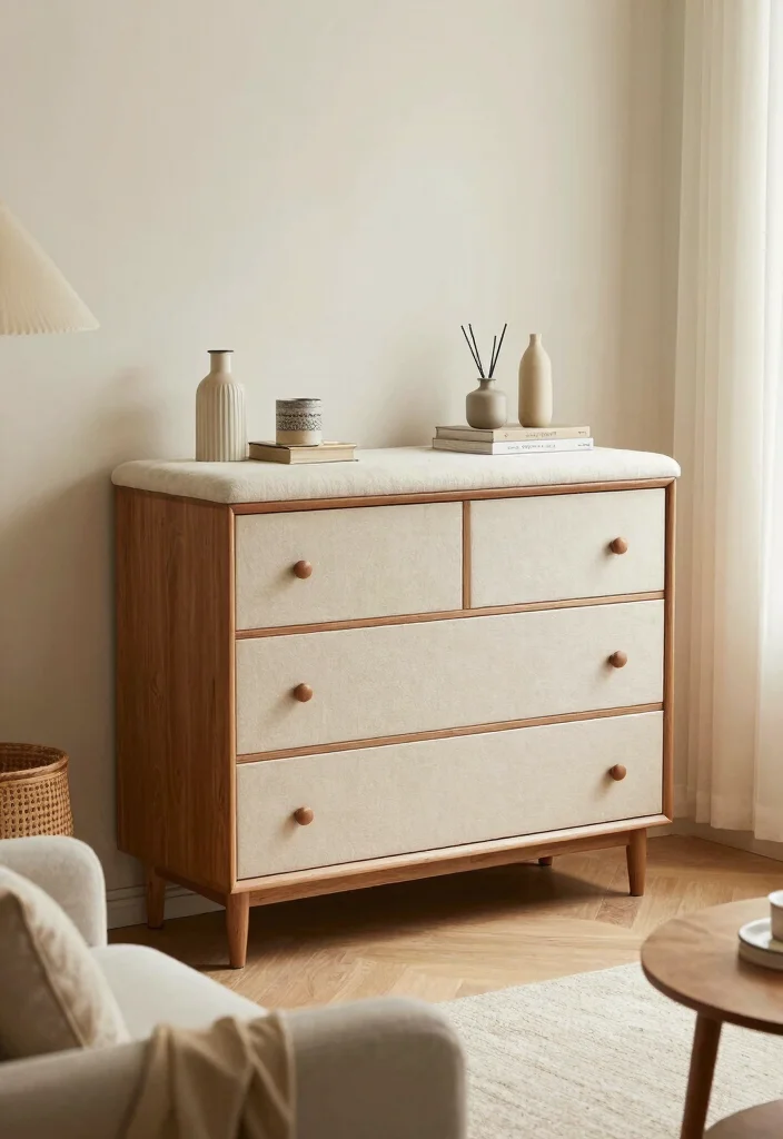 16 Dresser Living Room Ideas: Unexpected Storage Style - 15. Dresser with Upholstered Top for Comfort 1