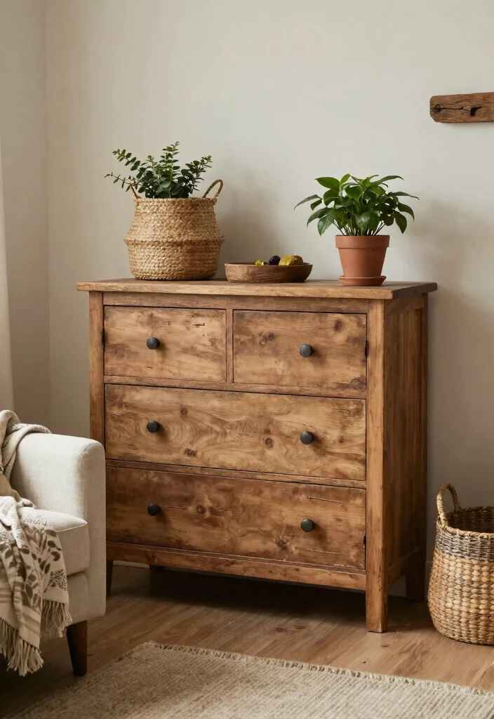 16 Dresser Living Room Ideas: Unexpected Storage Style - 6. Rustic Dresser for a Cozy Vibe 1