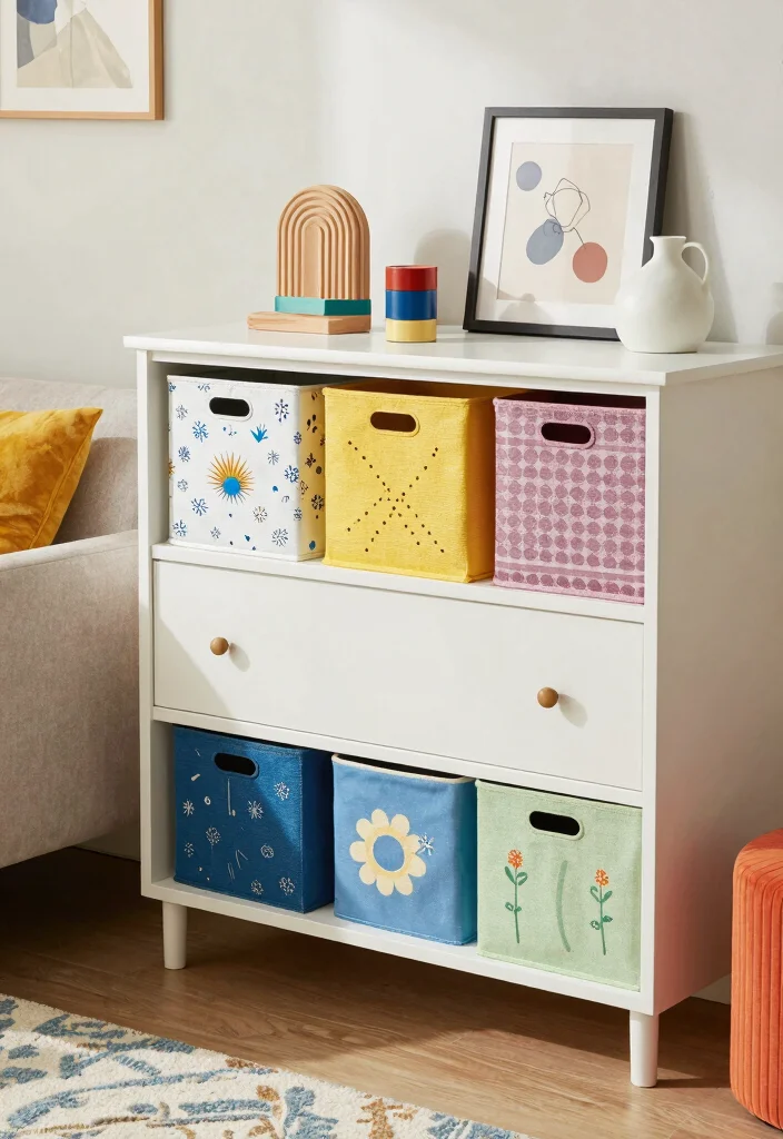 16 Dresser Living Room Ideas: Unexpected Storage Style - 7. Stylish Dresser with Decorative Storage Bins 1
