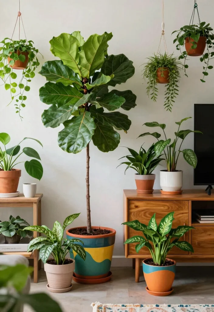 16 Groovy Living Room Ideas Retro Fun and Bold - 12. Retro-Inspired Greenery: Bring the Outdoors In 1