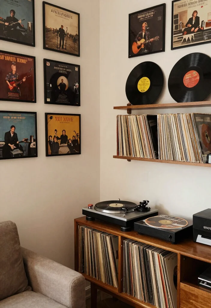 16 Groovy Living Room Ideas Retro Fun and Bold - 14. Vintage Records and Music: A Nostalgic Touch 1