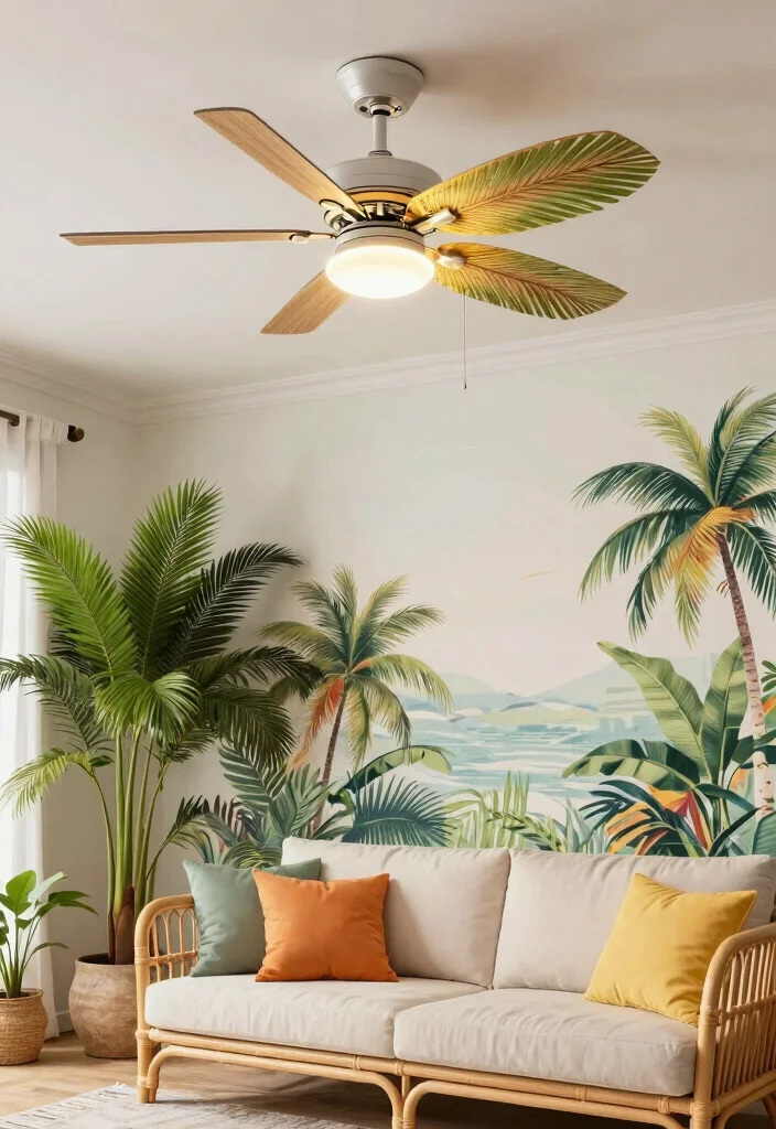 16 Living Room Fans With Lights Ideas Practical and Stylish - 7. Tropical Vibes with Palm Leaf Designs 1