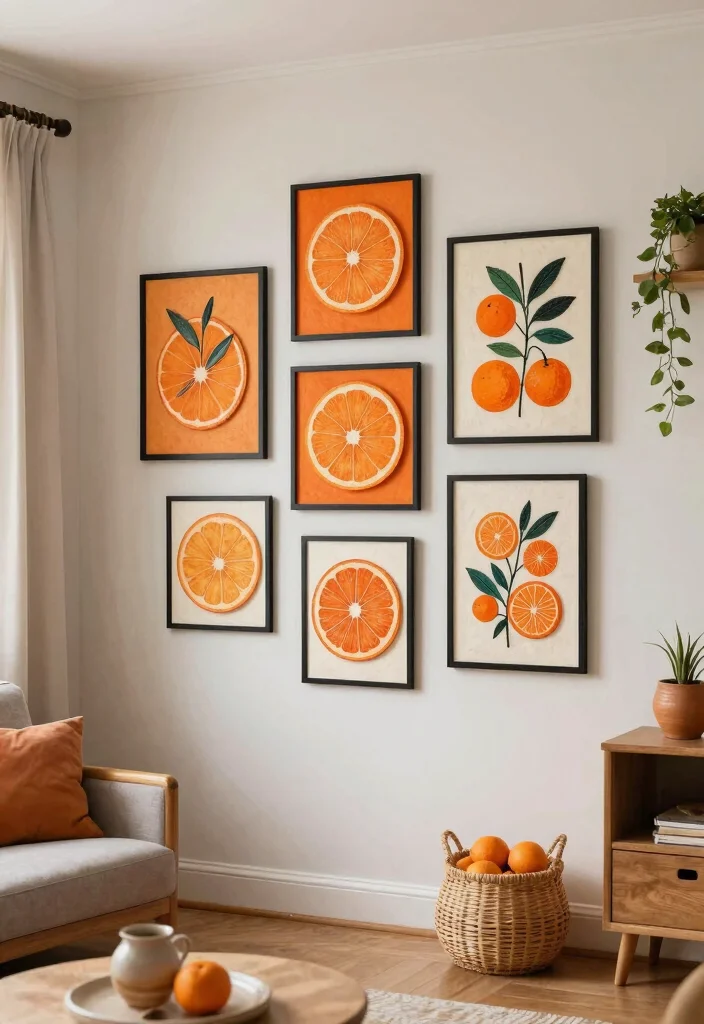 16 Living Room Orange Ideas: Bold Warm Energy - 12. Creative Orange Wall Art 1