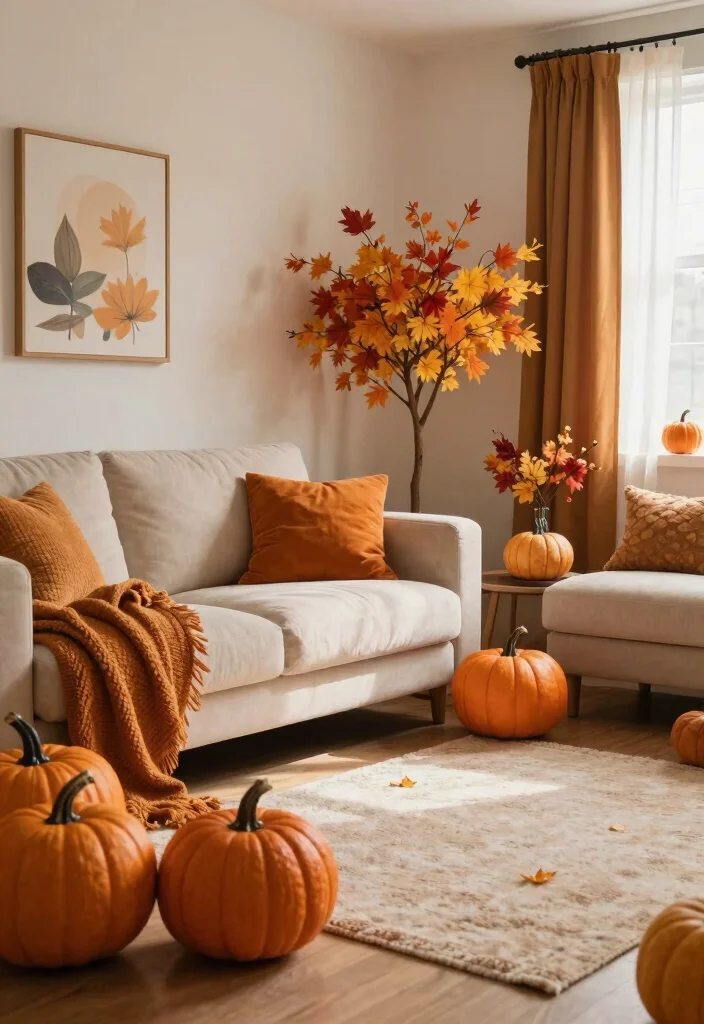 16 Living Room Orange Ideas: Bold Warm Energy - 15. Seasonal Orange Decor 1