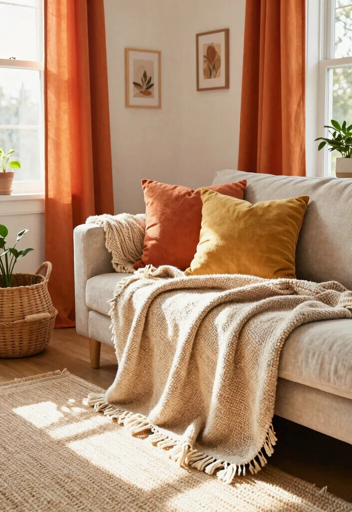 16 Living Room Orange Ideas: Bold Warm Energy - 4. Orange Textiles and Fabrics 1