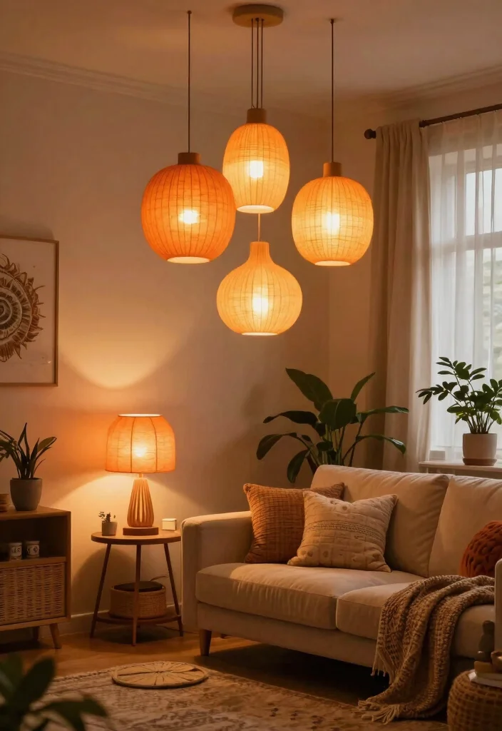 16 Living Room Orange Ideas: Bold Warm Energy - 5. Playful Orange Lighting 1