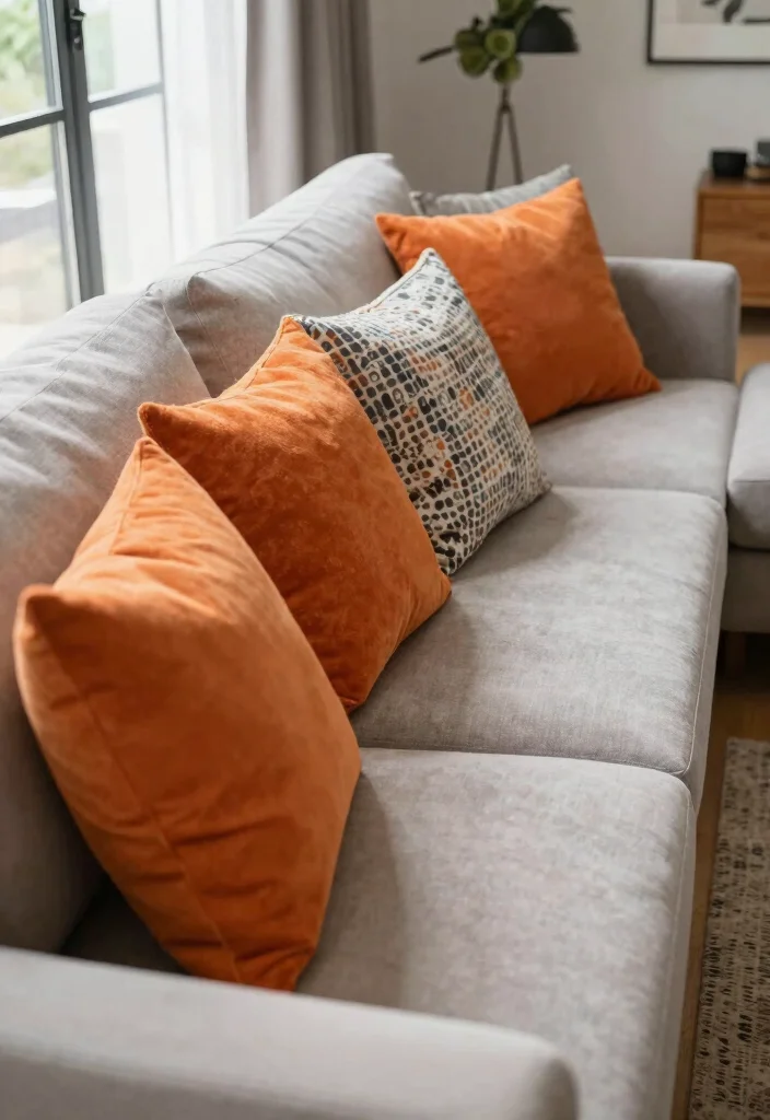 16 Living Room Orange Ideas: Bold Warm Energy - 9. Bright Orange Pillows for Comfort 1