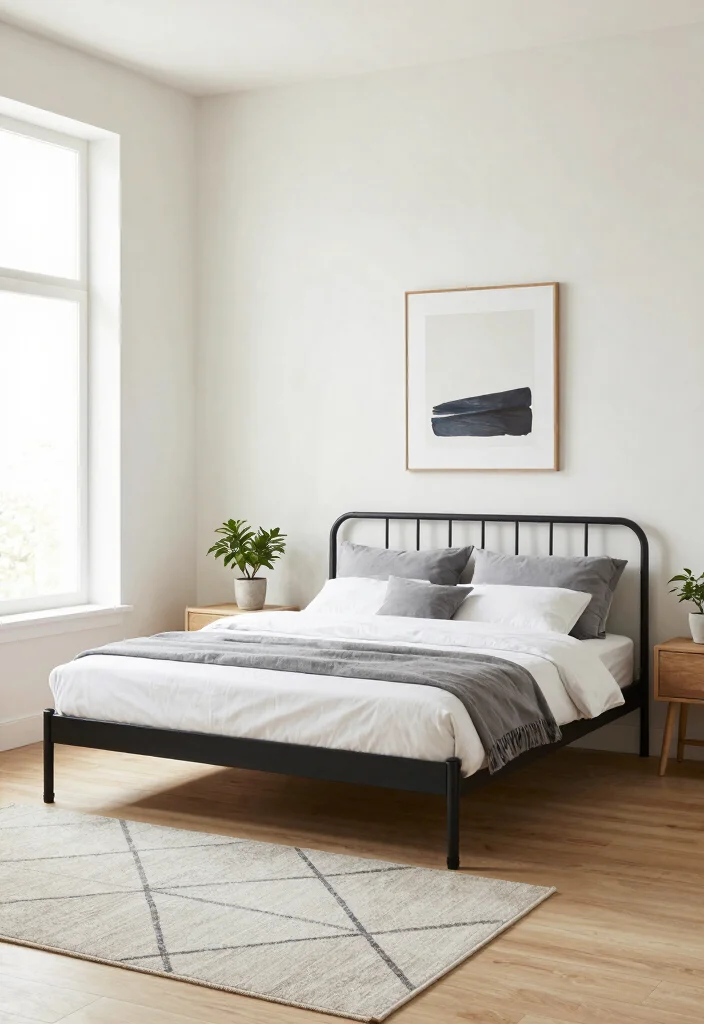 16 Metal Frame Bedroom Ideas for an Industrial Light Look - 1. Minimalist Charm with a Black Metal Frame 1