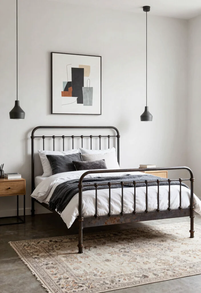 16 Metal Frame Bedroom Ideas for an Industrial Light Look - 14. Vintage Industrial with an Updated Twist 1