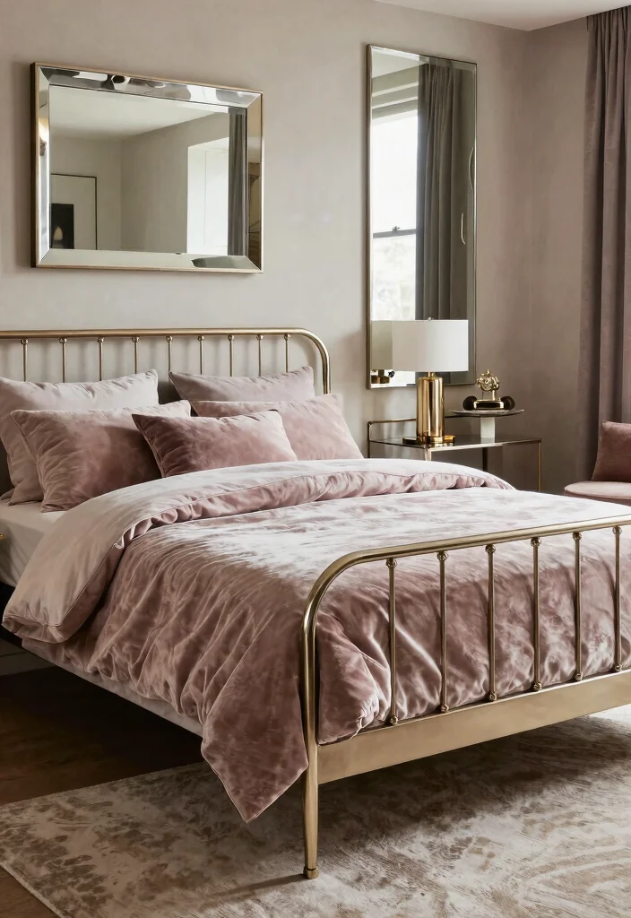16 Metal Frame Bedroom Ideas for an Industrial Light Look - 16. Soft Glam with Metallic Finishes 1