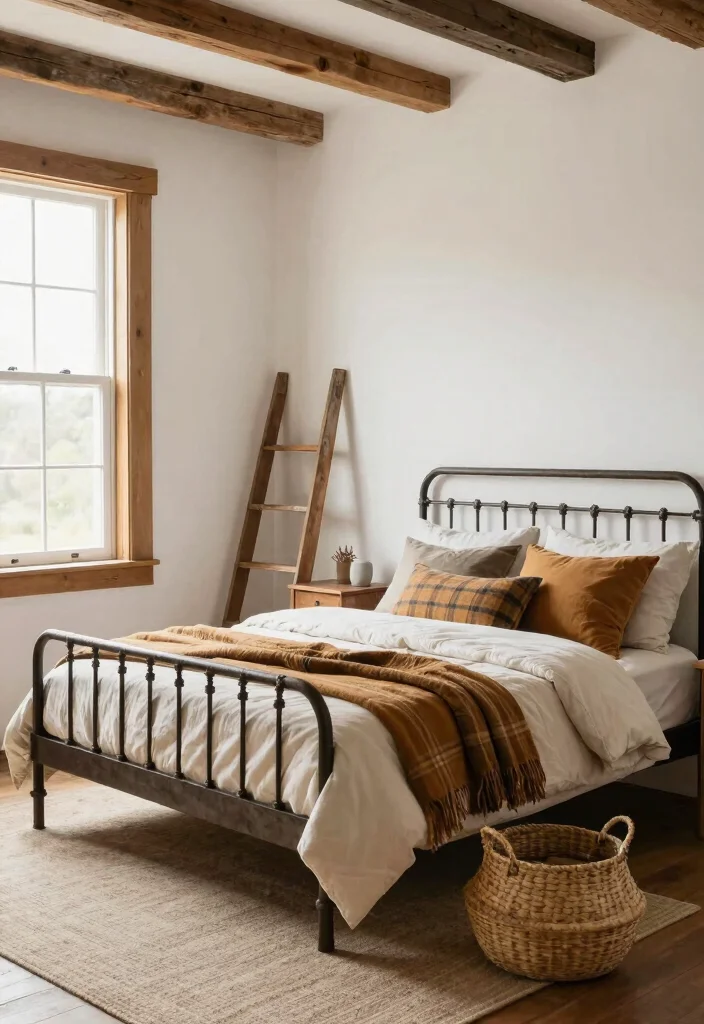 16 Metal Frame Bedroom Ideas for an Industrial Light Look - 9. Farmhouse Industrial Fusion 1