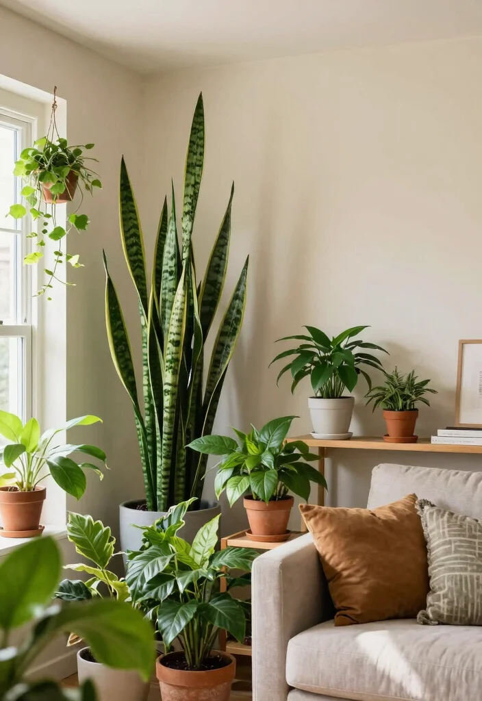 16 Nude Living Room Ideas: Soft Minimal Warmth - 12. Greenery for Freshness 1