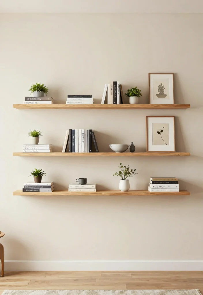 16 Nude Living Room Ideas: Soft Minimal Warmth - 14. Minimalistic Shelving 1