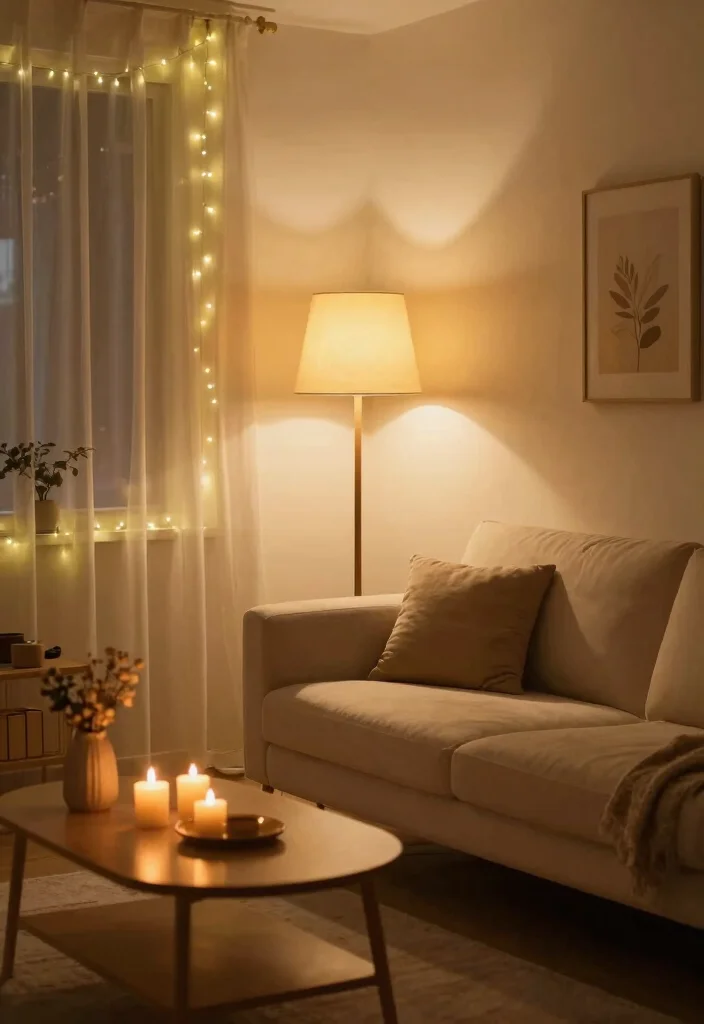 16 Nude Living Room Ideas: Soft Minimal Warmth - 3. Introduce Warm Lighting 1