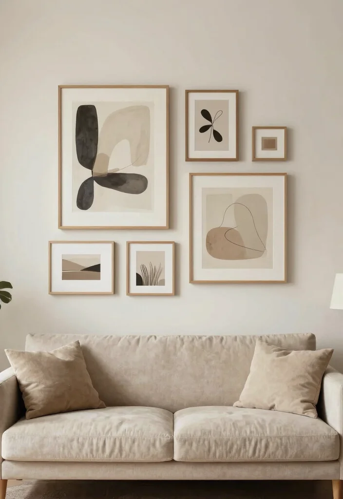 16 Nude Living Room Ideas: Soft Minimal Warmth - 4. Art with Purpose 1