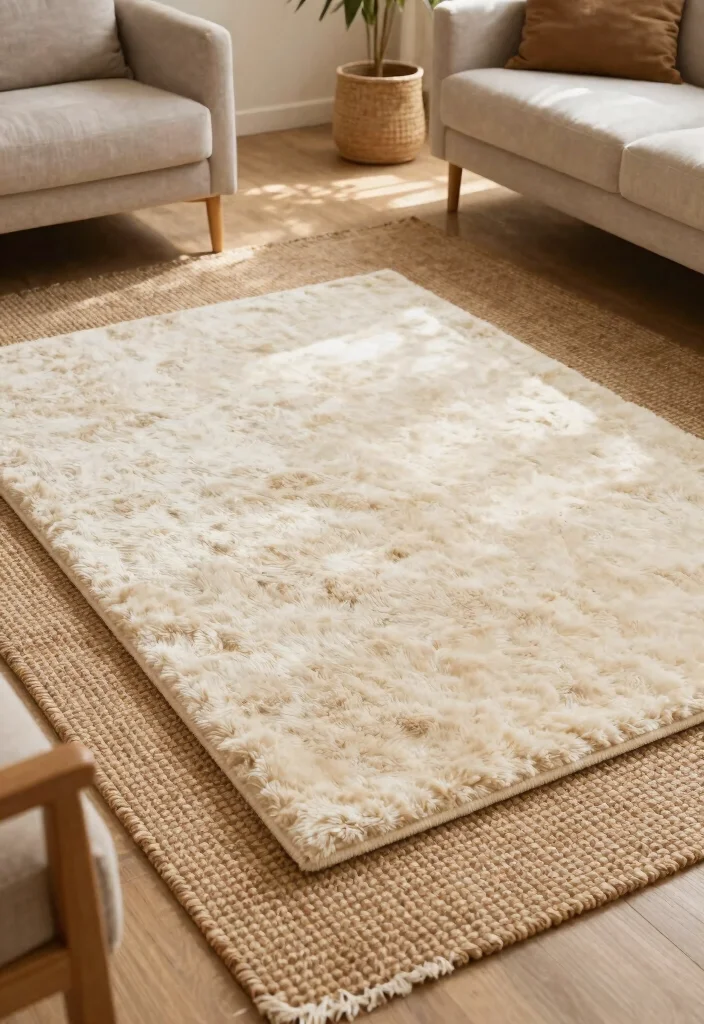 16 Nude Living Room Ideas: Soft Minimal Warmth - 8. Layering Rugs 1