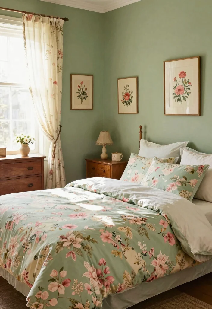 16 Sage Green Bedroom Colour Palettes Ideas Soft Earthy Harmony - 10. Vintage Sage with Floral Patterns 1