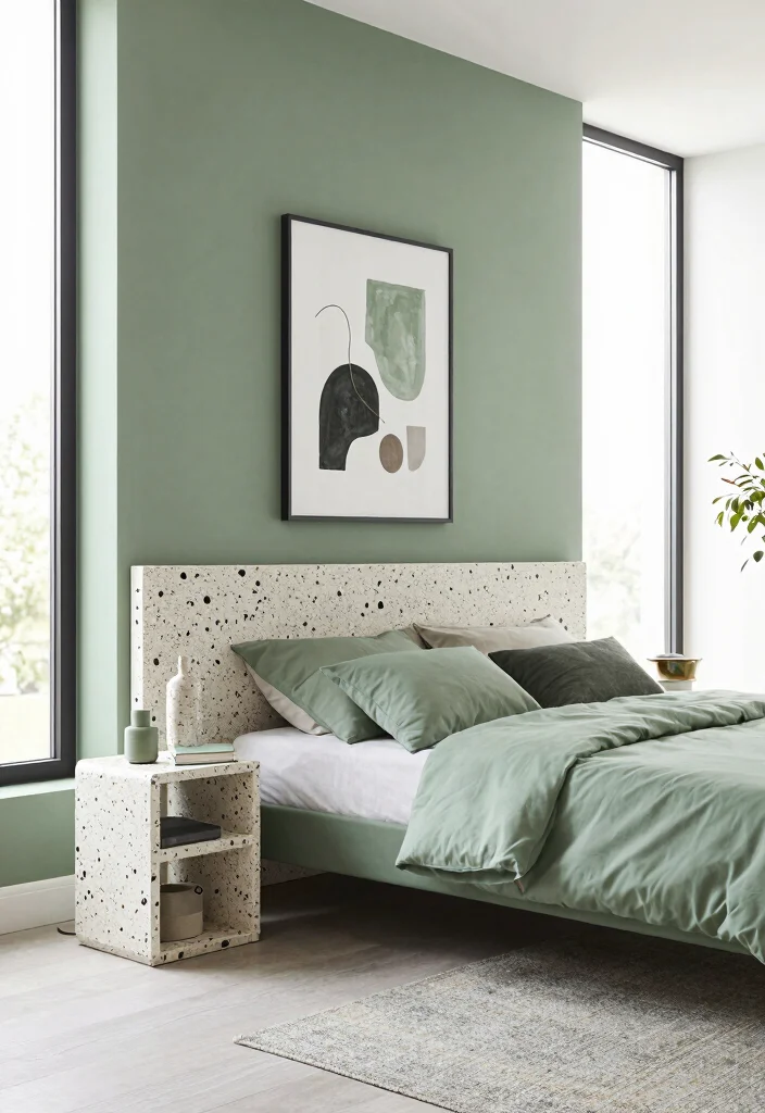 16 Sage Green Bedroom Colour Palettes Ideas Soft Earthy Harmony - 12. Sage with Terrazzo Accents 1
