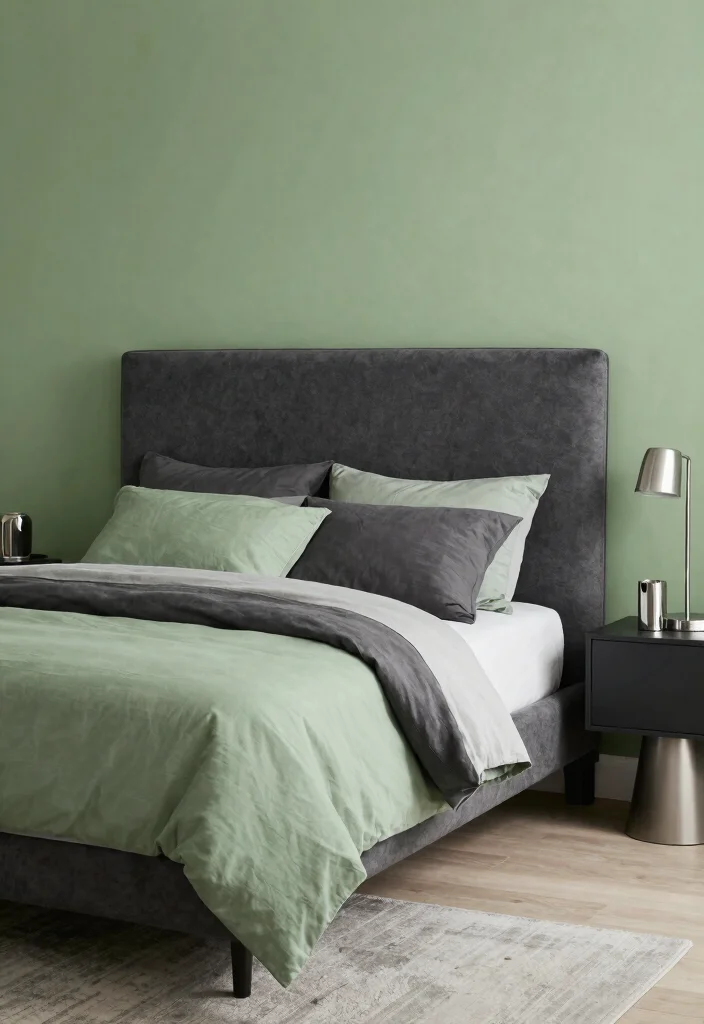 16 Sage Green Bedroom Colour Palettes Ideas Soft Earthy Harmony - 13. Sage and Charcoal Gray Contrast 1