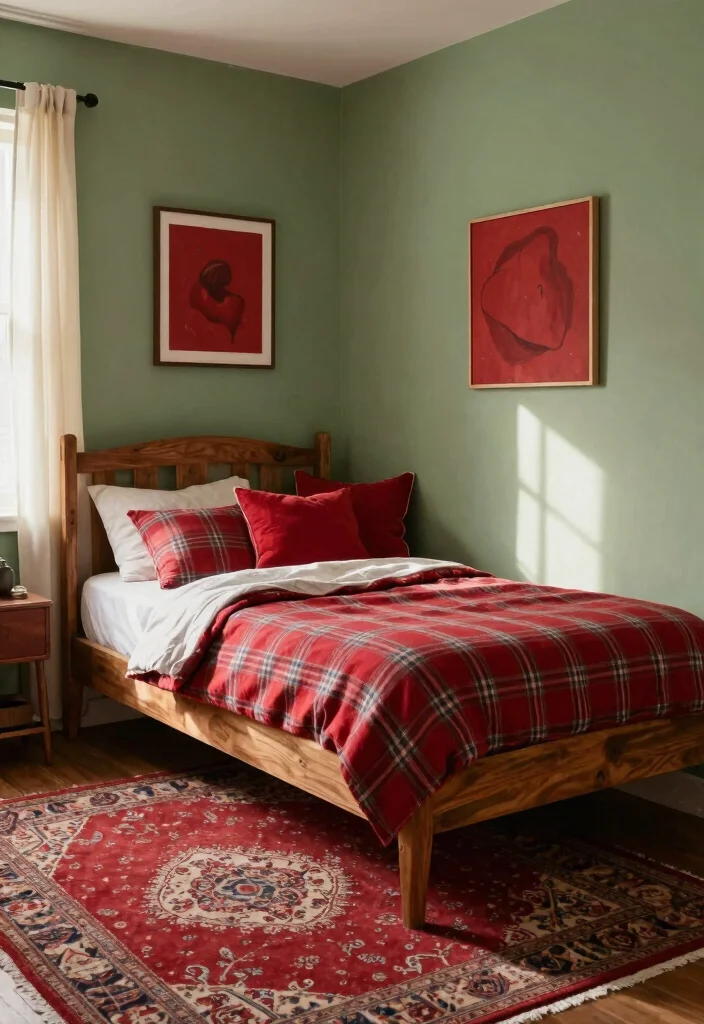16 Sage Green Bedroom Colour Palettes Ideas Soft Earthy Harmony - 6. Sage Green with Rustic Red 1