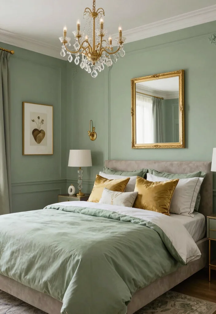 16 Sage Green Bedroom Colour Palettes Ideas Soft Earthy Harmony - 9. Sage Green with Golden Accents 1
