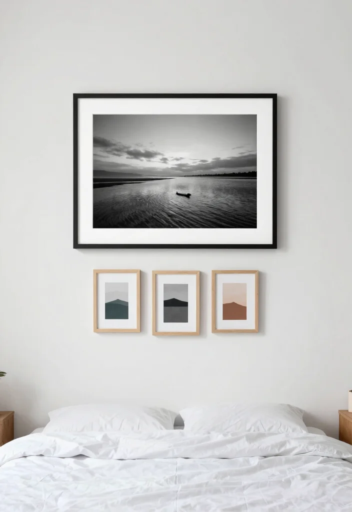 16 Small Main Bedroom Ideas: Comfortable Balanced Design - 8. Minimalist Wall Art 1